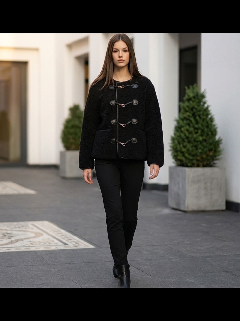 Black Oversized Leather-trimmed Shearing Jacket Size XS